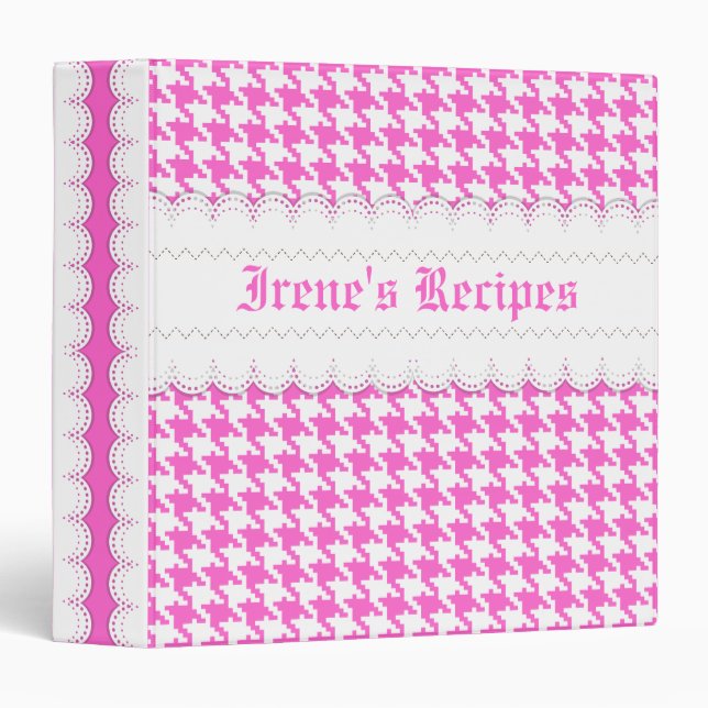 Pink, white houndstooth & scalloped borders recipe binder (Front/Spine)