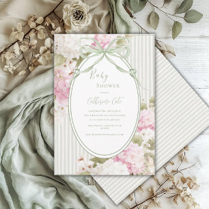 Pink White Hydrangeas Sage Green Baby Shower Invitation