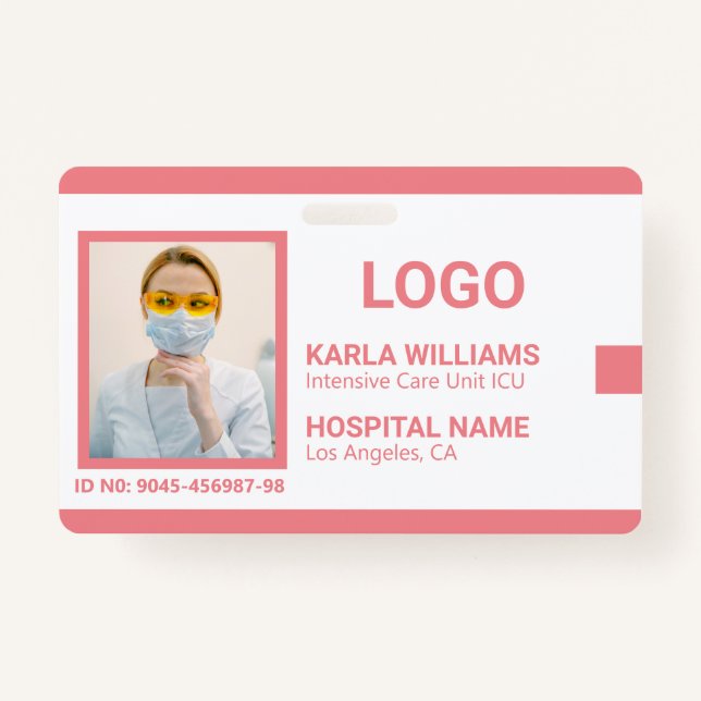 Pink White ICU Nurse ID Photo Badge  (Front)