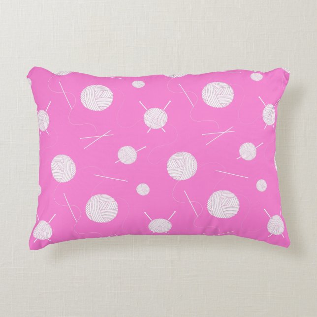 Pink White Knitting Needles and Yarn Patterned Accent Pillow (Front)