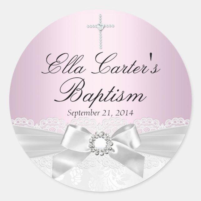 Pink White Lace & Cross Baptism Sticker (Front)