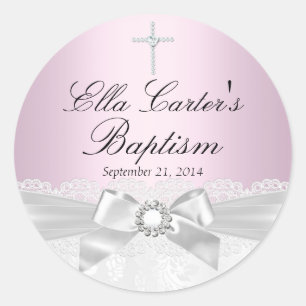 Pink White Lace & Cross Baptism Sticker