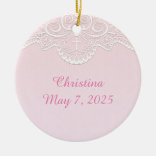 Pink, White Lace, Religious Ceramic Ornament