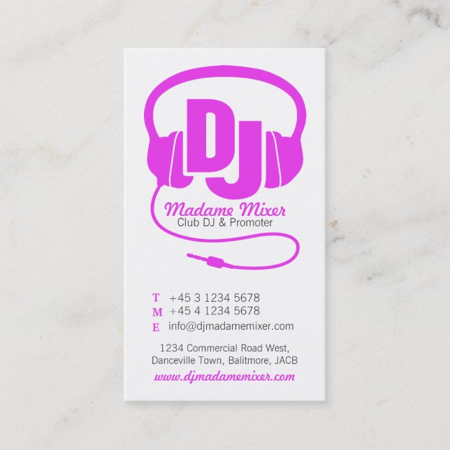 Pink & white ladies DJ promoter business card (Front)