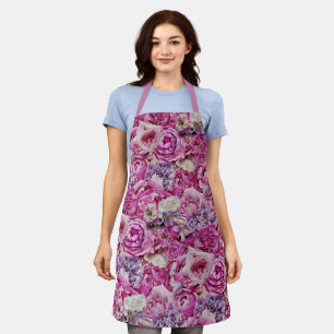 Pink White Lavender Rose Flowers Pattern Apron