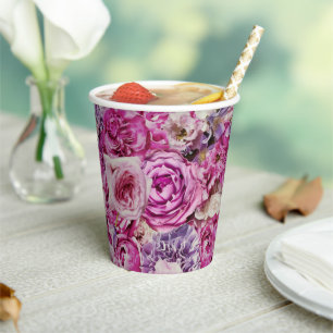 Pink White Lavender Rose Flowers Pattern Paper Cups