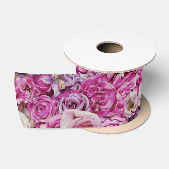Pink White Lavender Rose Flowers Pattern Satin Ribbon (Spool)