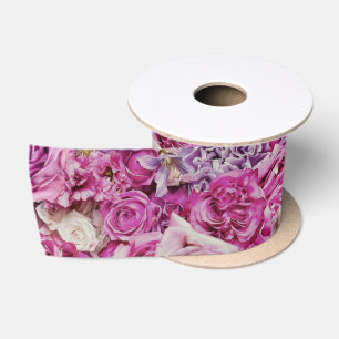 Pink White Lavender Rose Flowers Pattern Satin Ribbon