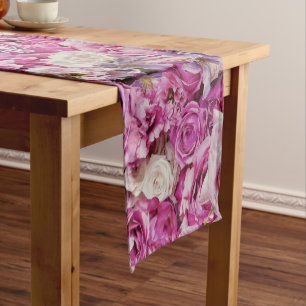Pink White Lavender Rose Flowers Pattern Short Table Runner