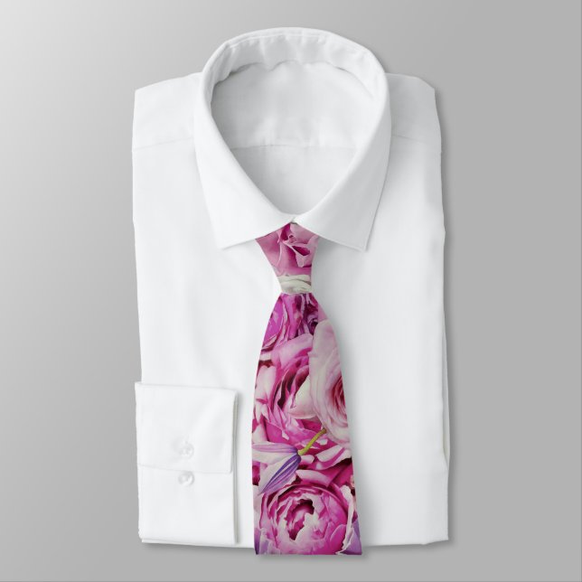 Pink White Lavender Rose Flowers Pattern Tie (Tied)