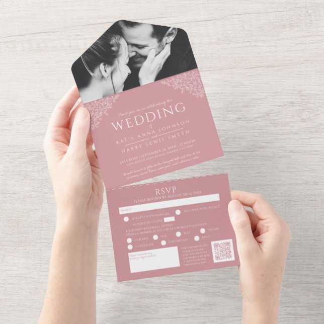 Pink white leaves photo meal RSVP QR wedding All In One Invitation (Tearaway)