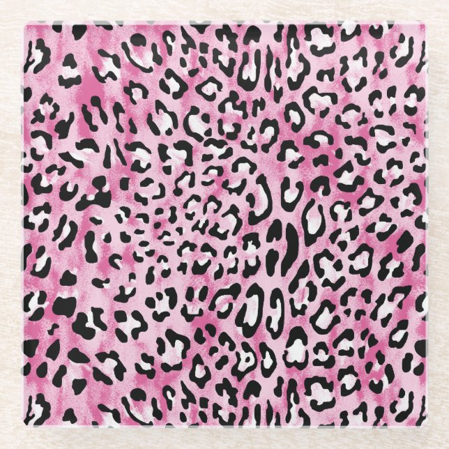Pink White Leopard Pattern. Glass Coaster (Front)