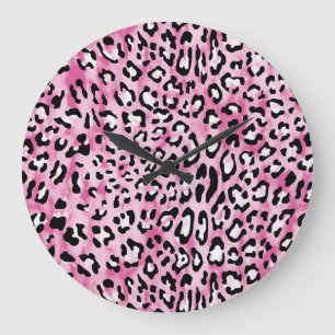 Pink White Leopard Pattern. Large Clock