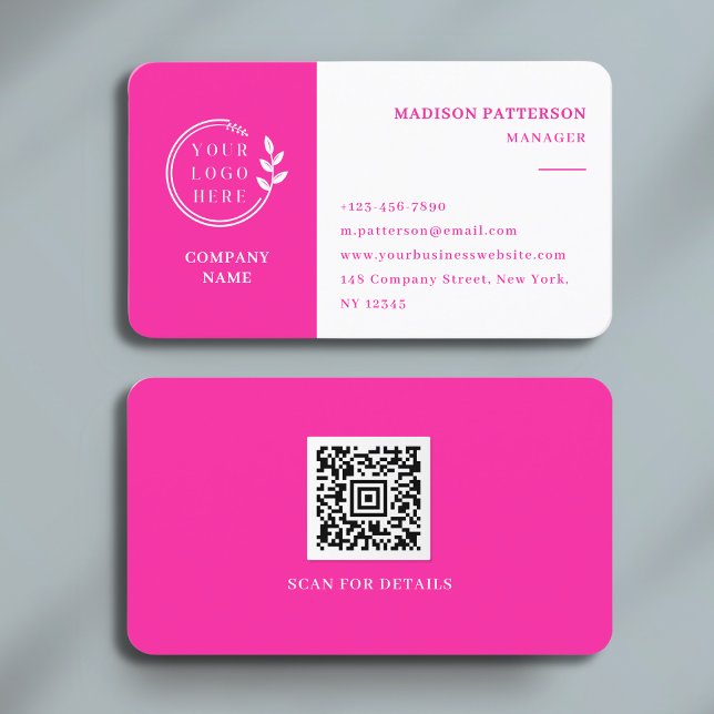 Pink White Logo QR Code Minimalist Modern Business Card (Creator Uploaded)