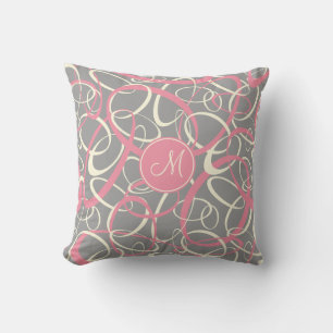 pink white loops on grey geometric pattern throw pillow