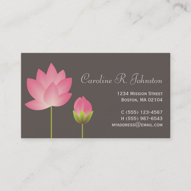 Pink white lotus flower modern grey personal business card (Front)