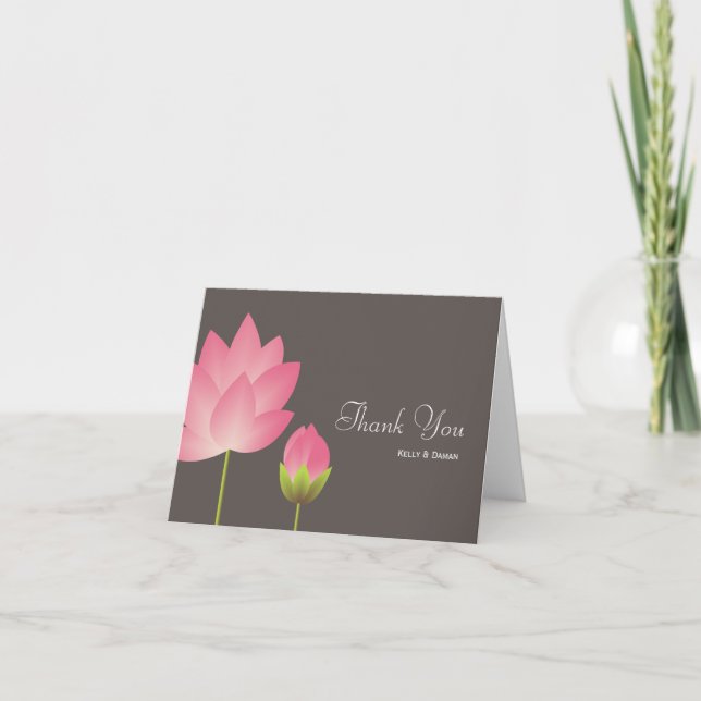 Pink white lotus flower modern grey thank you note (Front)