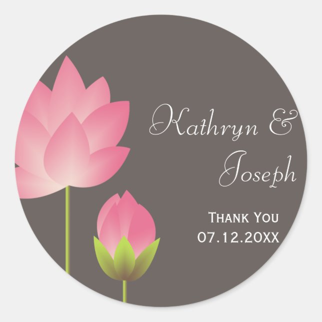 Pink white lotus flowers modern grey wedding favou classic round sticker (Front)