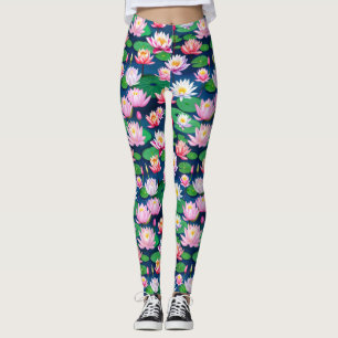 Pink White Lotus Water Lily Flowers & Green Leaves Leggings