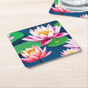 Pink White Lotus Water Lily Flowers & Green Leaves Square Paper Coaster