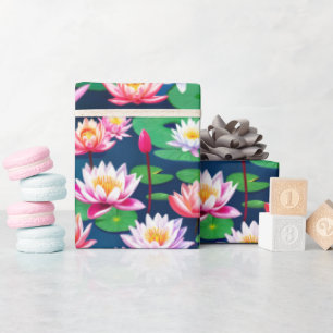 Pink White Lotus Water Lily Flowers & Green Leaves Wrapping Paper