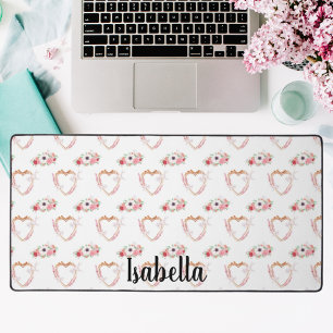 pink white Lovebirds flower hearts name scipt Desk Mat