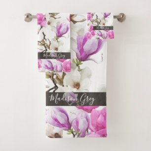 Pink & White Magnolia Blossom Watercolor Pattern Bath Towel Set