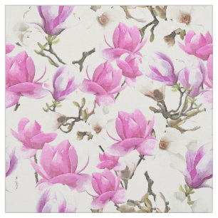 Pink & White Magnolia Blossom Watercolor Pattern Fabric