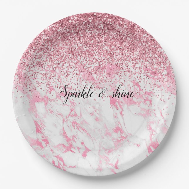 Pink White Marble Glitter              Paper Plate (Front)