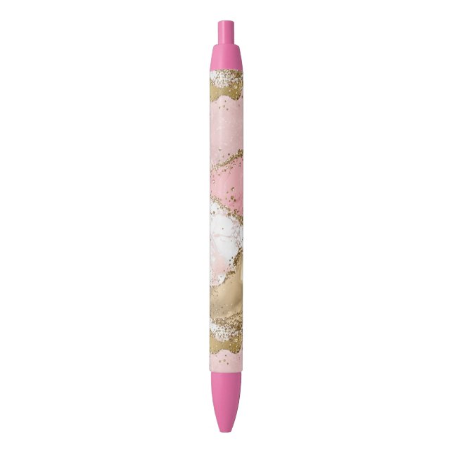 Pink White Marble Gold Glitter Black Ink Pen (Front Vertical)