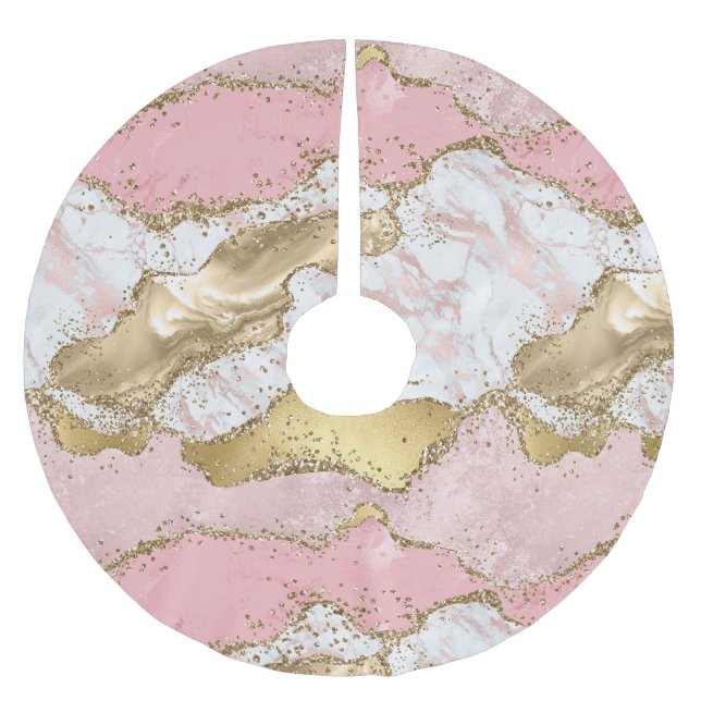 Pink White Marble Gold Glitter Brushed Polyester Tree Skirt (Front)