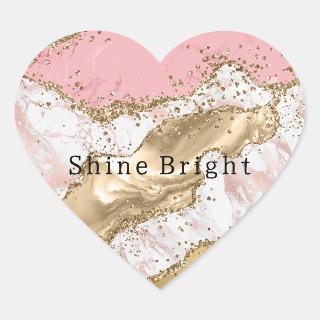 Pink White Marble Gold Glitter Heart Sticker (Front)