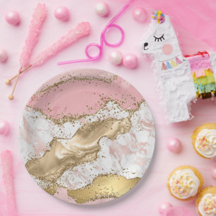 Pink White Marble Gold Glitter Paper Plate