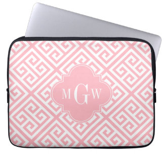 Pink White Med Greek Key Diag T Pink Name Monogram Laptop Sleeve