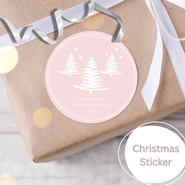 Pink White Minimalist Christmas Trees Classic Round Sticker (Creator Uploaded)
