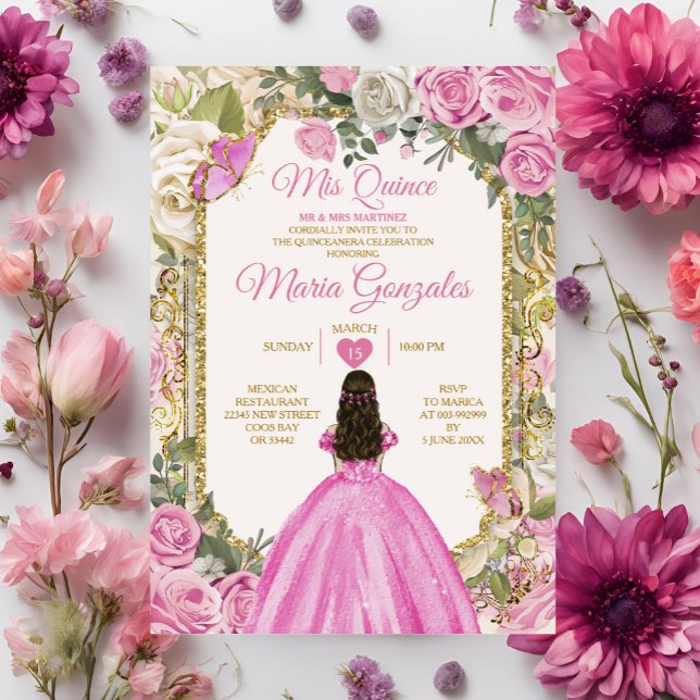 Pink & White Mis Quince 15 Anos Gold Crown Invitation (Creator Uploaded)