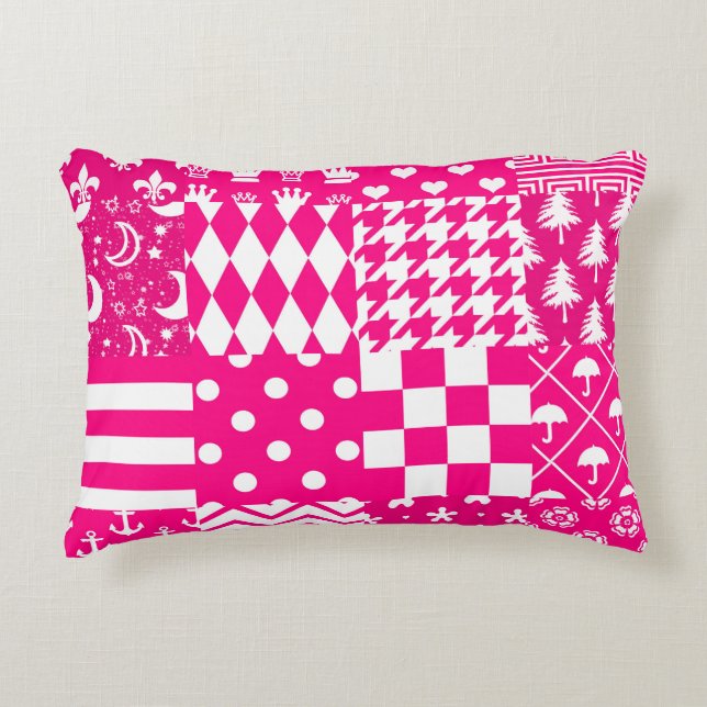Pink White Mixed Patterns Patchwork Design  Accent Pillow (Front)
