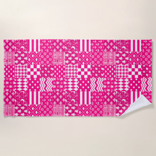Pink White Mixed Patterns Patchwork Design Beach Towel