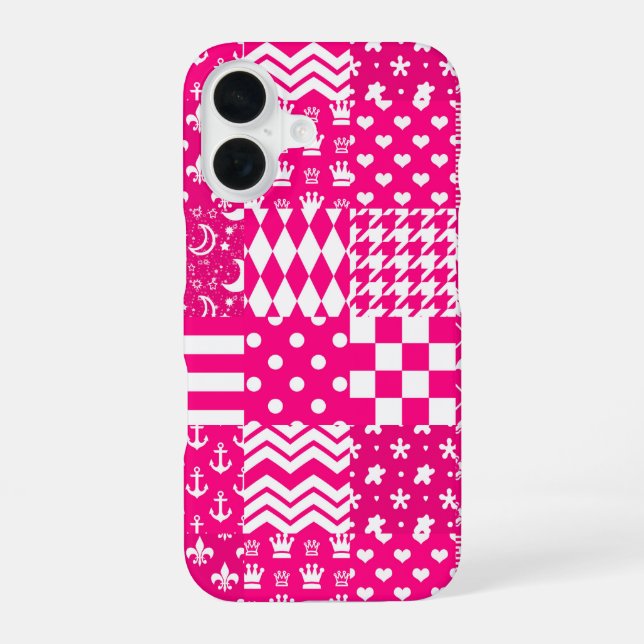 Pink White Mixed Patterns Patchwork Design  iPhone 16 Case (Back)