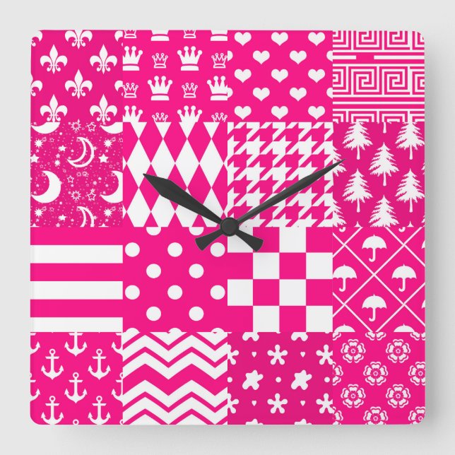 Pink White Mixed Patterns Patchwork Design  Square Wall Clock (Front)