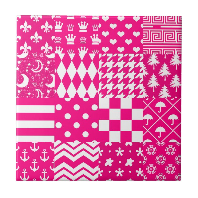 Pink White Mixed Patterns Patchwork Design  Tile (Front)