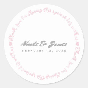 Pink & White Modern Chic Thank You Wedding Favour Classic Round Sticker
