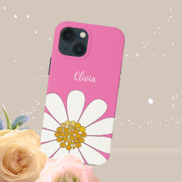 Pink White Modern Daisy Flower Personalize Name iPhone 13 Mini Case