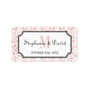 Pink white monogram damask frame wedding favour ta label