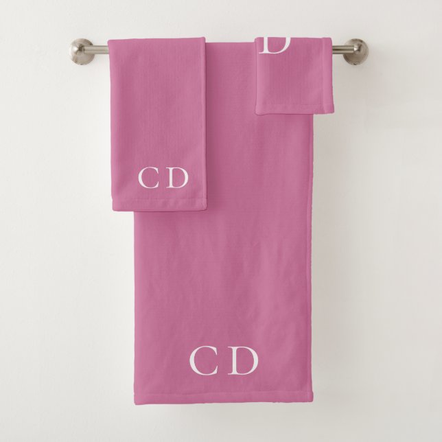 Pink white monogram initials minimalist bath towel set (Insitu)