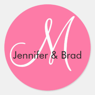 Pink White Monogram M Bride Groom Names Classic Round Sticker
