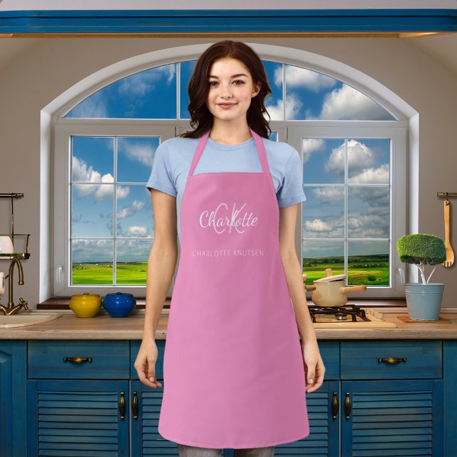 Pink white monogram name business  apron (Creator Uploaded)