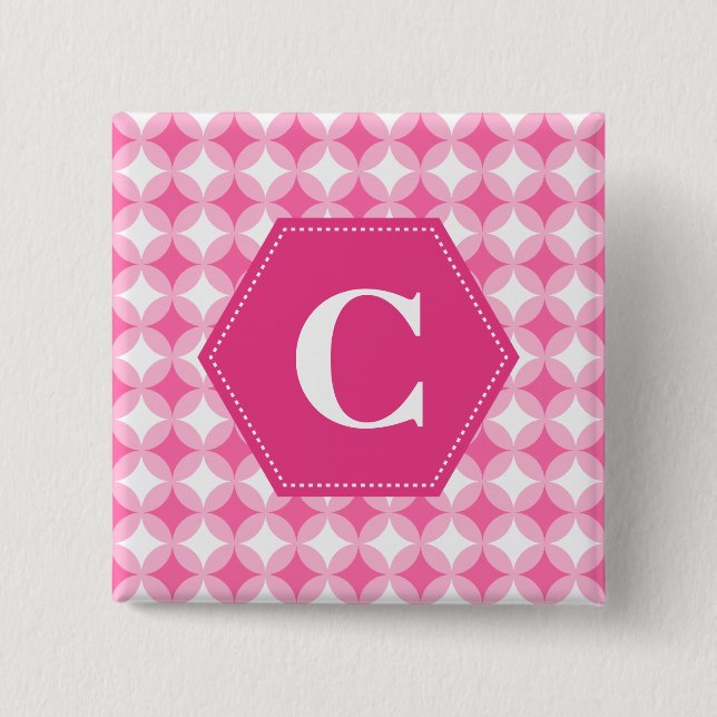 Pink White Monogram Pattern 2 Inch Square Button (Front)