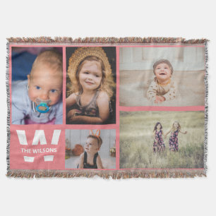 Pink White Multiple Photos Custom Monogram Throw Blanket