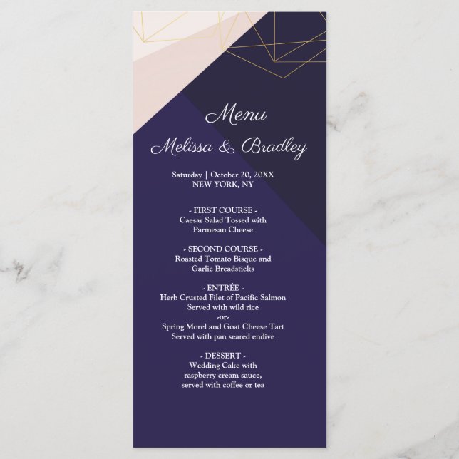 Pink white navy blue & gold geometri  Wedding Menu (Front)